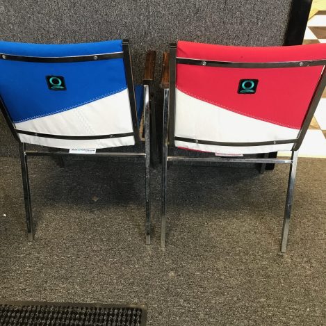 used old sails and canvas pieces to cover office chairs