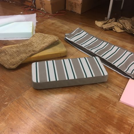 Old Foam cushions to new Upholstered Cushions with Sunbrella Canvas Striped top and solid sides